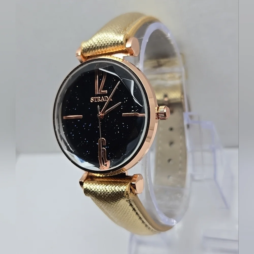 Womens Strada Rose Gold Tone Diamond Cut Bezel Watch Leather Sparkle New Battery